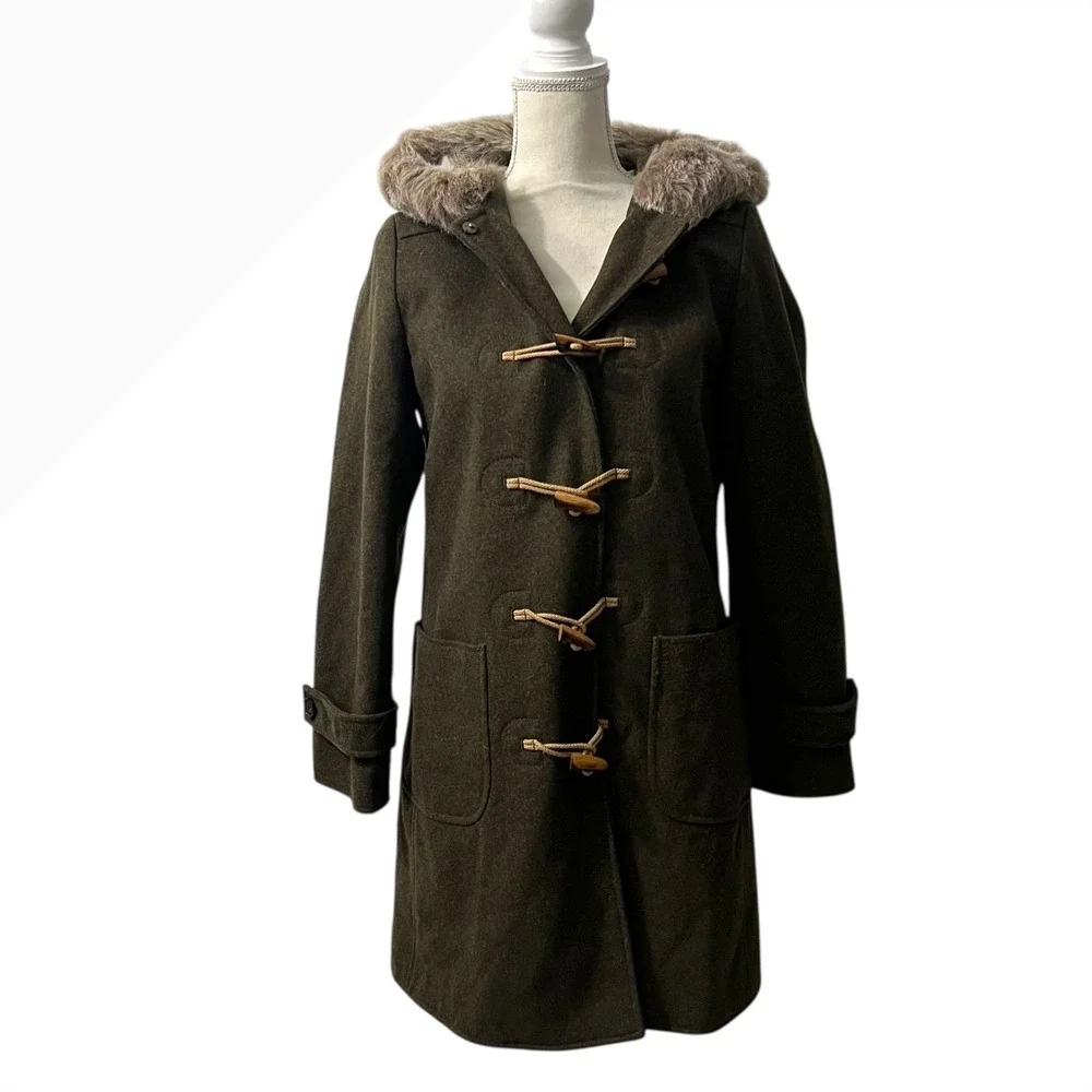 J.Crew Olive‎ Wool Toggle Duffle Coat with Shearling Trimmed Hood – Women's XS - Picture 4 of 6